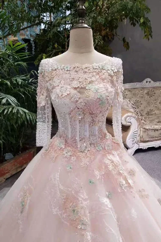 New Arrival Pink Wedding Dresses Lace Up Long Sleeves With Appliques And Beading Lace Up Tunics Fashionable chic