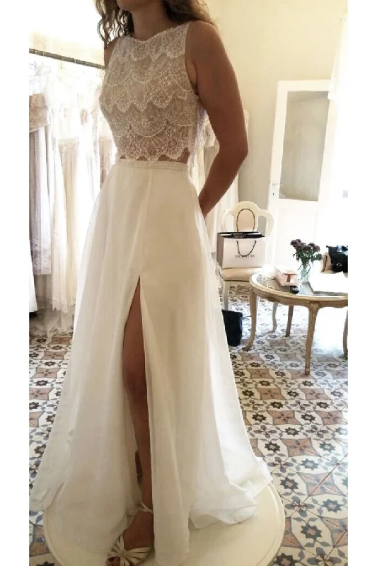 New Arrival Scoop Wedding Dresses A Line With Slit Chiffon & Lace Tunics Bestseller popular