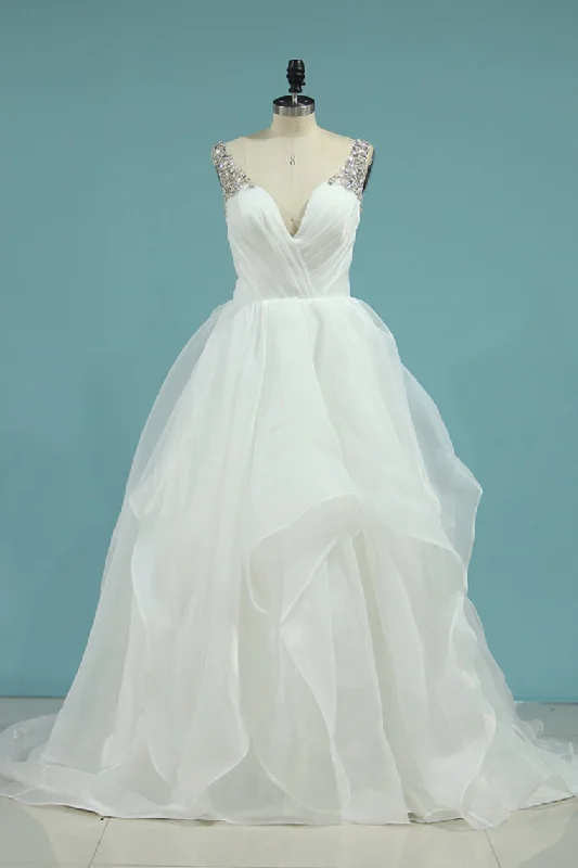 New Arrival Straps Open Back Wedding Dresses A Line Organza With Beads Square Neckline Feminine