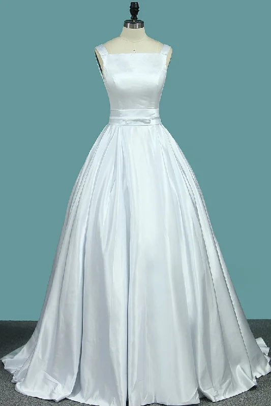 New Arrival Straps Satin Wedding Dresses With Sash/Ribbon Open Back Crew Neckline Casual