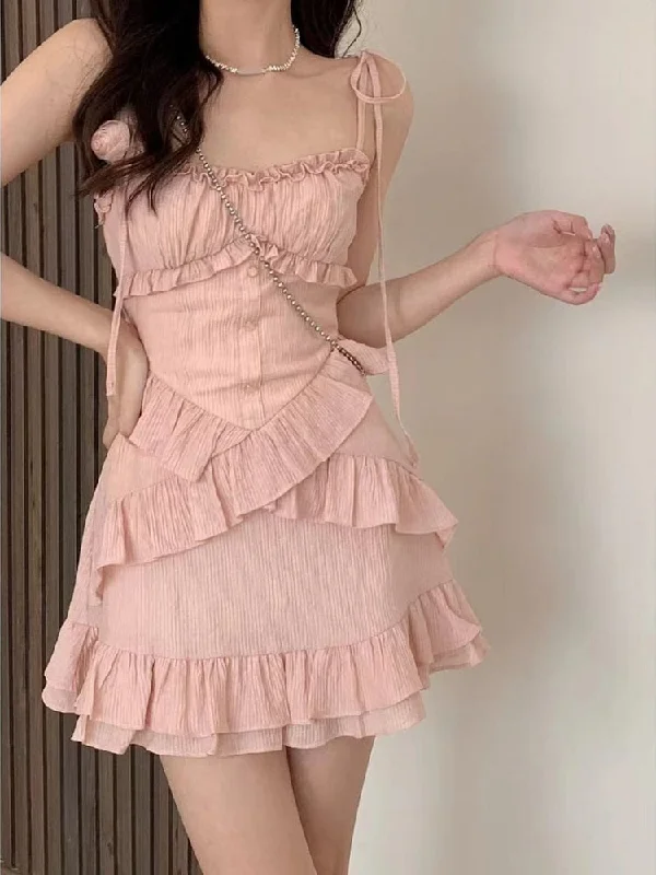 Zjkrl - 2023 Summer Pink Strap Dress Office Lady Casual Sleeveless Beach Style Y2k Mini Dress Even Party Outwear One Piece Dress Korean Tunics Evening elegant