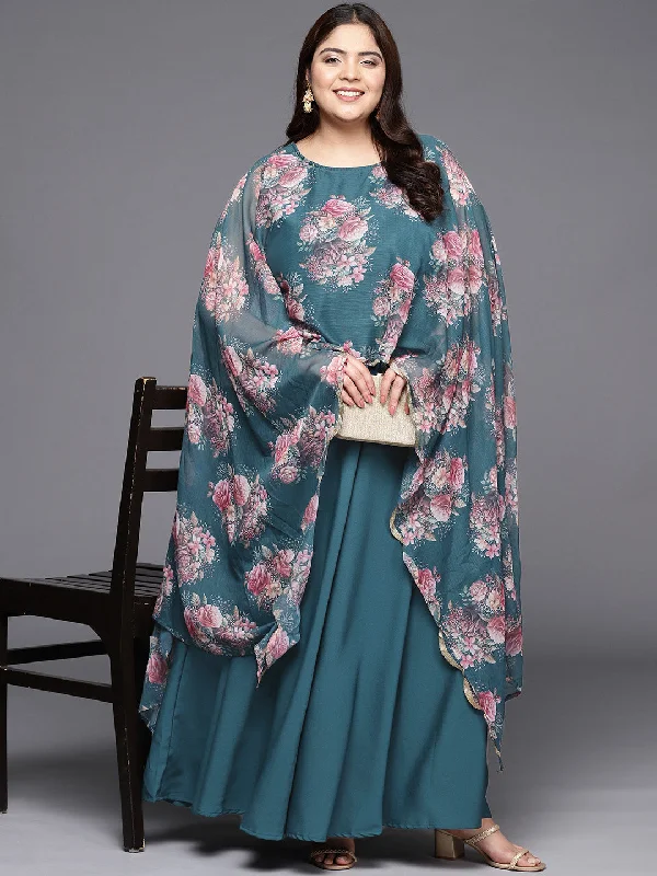 Green Printed Plus Size Maxi Ethnic Dress with Cape Tunics Luxurious premium