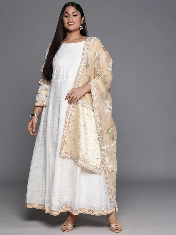 Off White & Gold Printed Plus Size Maxi Ethnic Dress With Dupatta Tunics Fall fleece