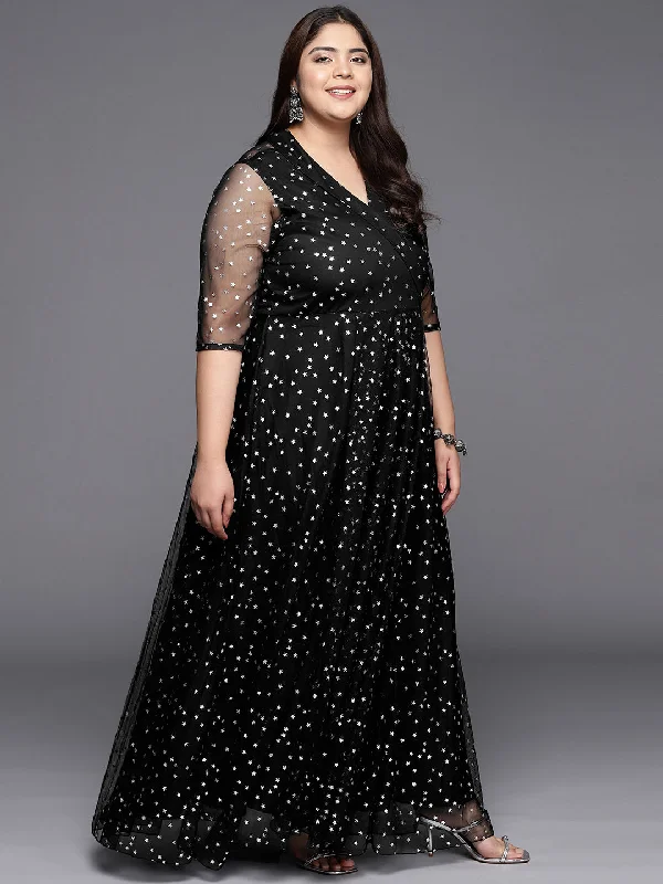 Black & Silver Plus Size Printed Maxi Ethnic Dress Tunics Silk luxurious