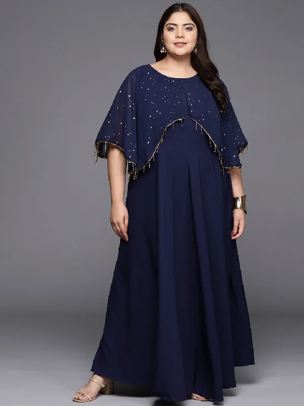 Navy Blue Plus Size Round neck Maxi Ethnic Dress Tunics Hiking breathable