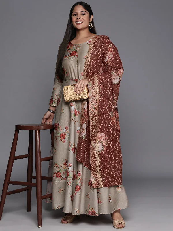 Brown & Grey Floral Printed Plus Size Maxi Ethnic Dress With Dupatta Tunics Seasonal trendy