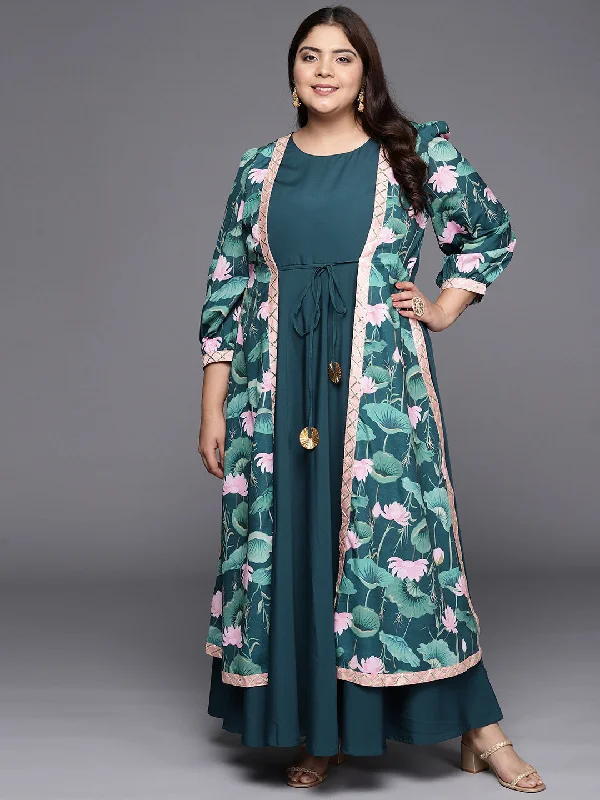 Green Floral Printed Plus Size Maxi Ethnic Dress Tunics Leisure comfortable