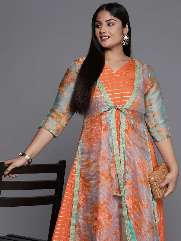 Orange, Gold & Green Printed Plus Size Maxi Ethnic Dress Tunics Print Colorful