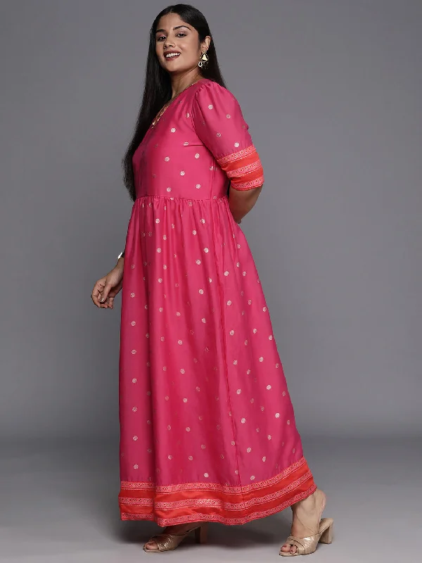 Pink & Gold Polka Dot Printed Plus Size Maxi Ethnic Dress Tunics Versatile stylish