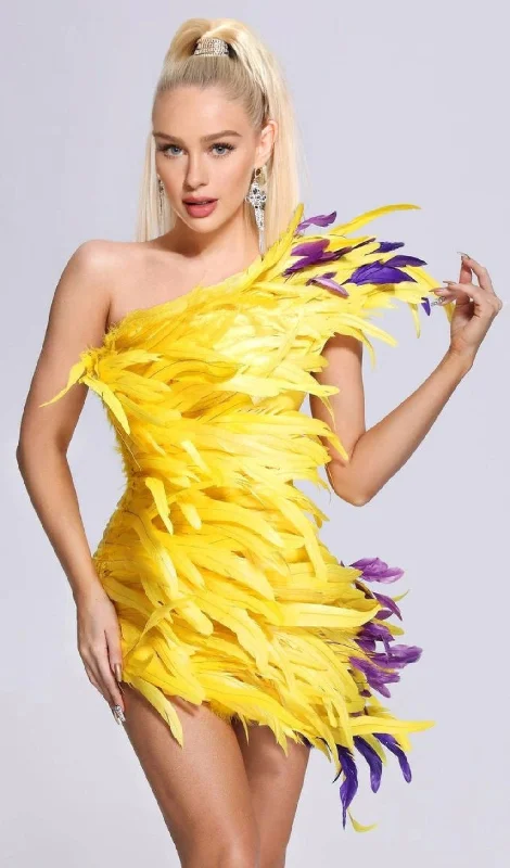 ASYMMETRIC FEATHER MINI DRESS IN YELLOW Tunics Recommended stylist