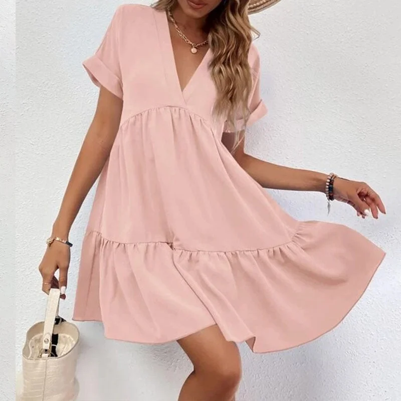 Zjkrl - Casual Women Short Sleeve Mini Dress 2023 Spring Summer V-neck Loose Dresses Cute Solid Big Hem Beach Dress Robe De Plage Tunics Practical easy-care