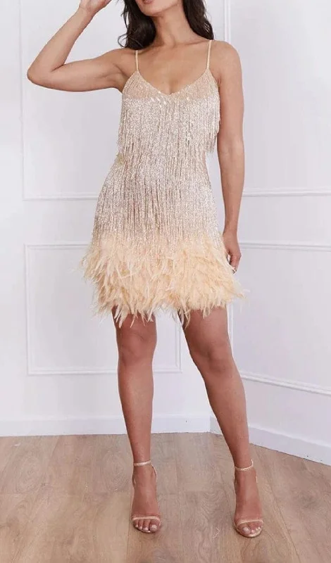 TASSEL FEATHER MINI DRESS IN BEIGE Tunics Sophisticated sleek