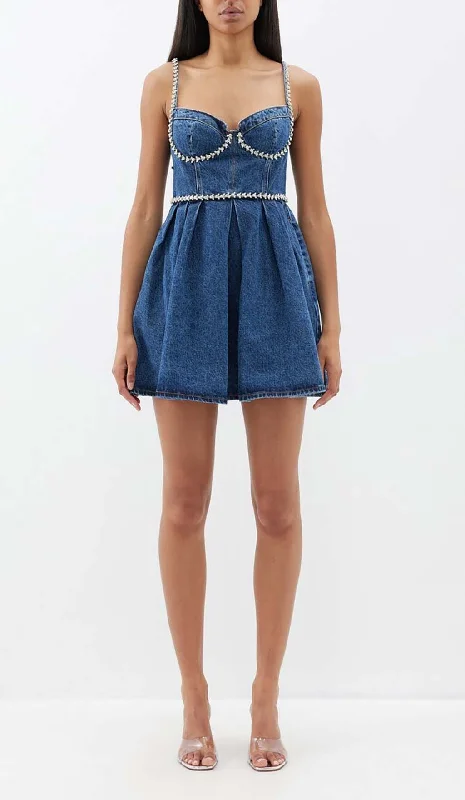 CRYSTAL-EMBELLISHED DENIM MINI DRESS IN BLUE Tunics Recommended stylist