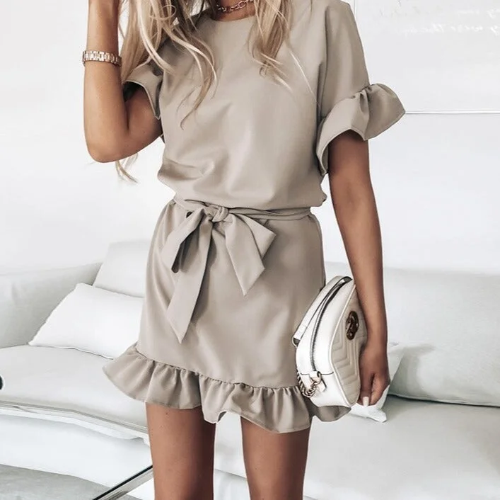 Summer Ruffles Casual Dress Women With Belt A Line White Sexy Short Sleeve Party Clothes Khaki Mini Elegant Dresses Bodycon Club Sequined