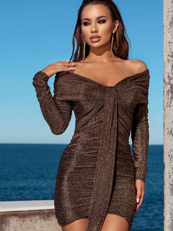 Glitter Off Shoulder Tie Up Mini Dresses Tunics Trendy modern