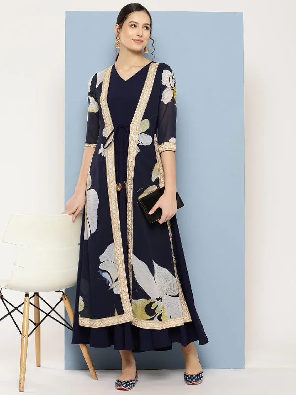 Navy Blue Floral Printed Layered Maxi Ethnic Dress Tunics Modern contemporary