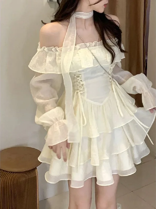 Long Sleeve Elegant Mini Dress Lolita Pure Color Short Party Dress Woman Casual Spring Sweet One Piece Dress Korean Fashion Tunics Prom sequined