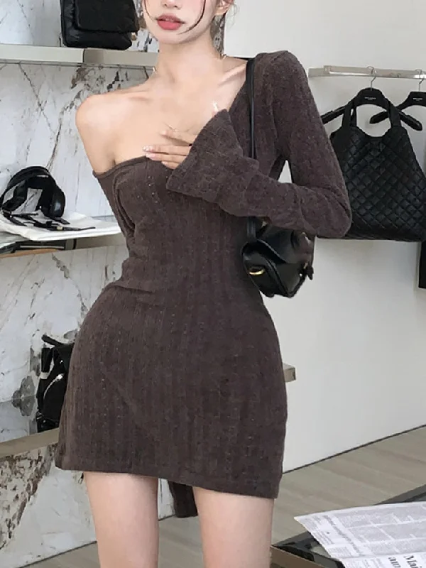 Long Sleeve Knitted Dress Women Elegant Bodycon Mini Dress Sexy Pure Color Short Party Dress Korean Fashion Clothing Autumn Tunics Satin smooth