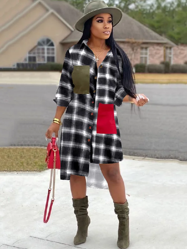 Long Sleeve Plaid Print Asymmetrical Mini Dresses Cowl Neckline Elegant