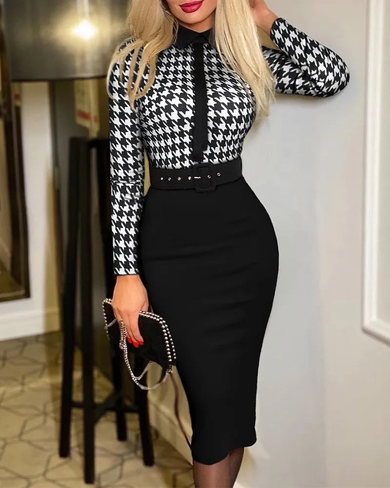 Office Lady Vintage Print Long Sleeve Belt Slim Bodycon Dress Women Summer New Elegant Fashion Commute Dresses Vestidos Feminino Tunics Trousers formal