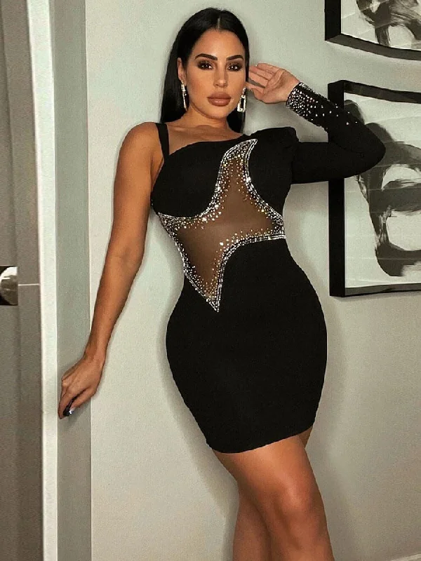 One Shouder Rhinestone Bodycon Mini Dresses Tunics Stylish modern