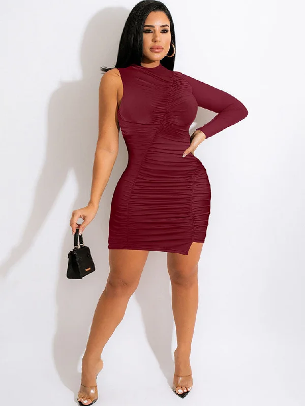 One Shoulder Long Sleeve Ruched Mini Dresses Turtleneck Warm Winter