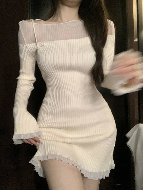 Slim Bodycon Y2k Mini Dress Female Party Casual One Piece Dress Korean Fashion 2023 Spring French Elegant Knitted Dress Woman Tunics Solid Classic