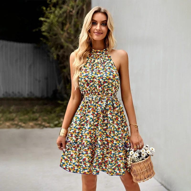 Summer Dress Floral Print Ruffle Hem Belted Halter Neck Dress Dress Women Sleeveless A-line Bohemian Mini Dress Beach Dress Robe Tunics Running lightweight