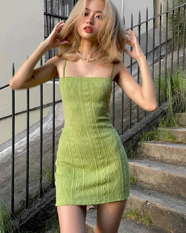 Summer Fashion Elegant Strap Mini Dress Women Solid Green Knit Casual Streetwear Stretch Slim Office Female Dresses Crew Neckline Sporty