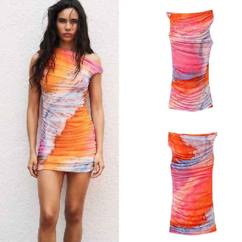 Summer Pleated Tulle Dress For Women Fashion Beach Style Asymmetrical Collar Printed Slim Fit Sexy Mini Dress Tunics Short Trendy