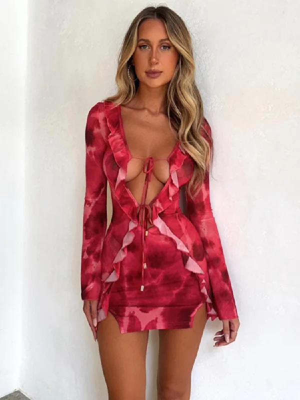 Summer Print Mini Dress Sexy Mesh See Though Ruffle Bodycon Dress Fashion Bandage Long Sleeve Club Party Beach Outfits Square Neckline Feminine