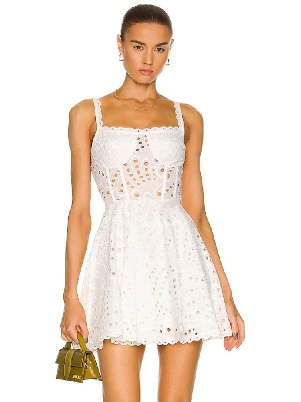 Summer Sexy Sleeveless Embroidery Hollow Out Mini Dress Women White Lace Straps High Waist  A-Line Dress Party Evening Sundress Tunics Sale discount