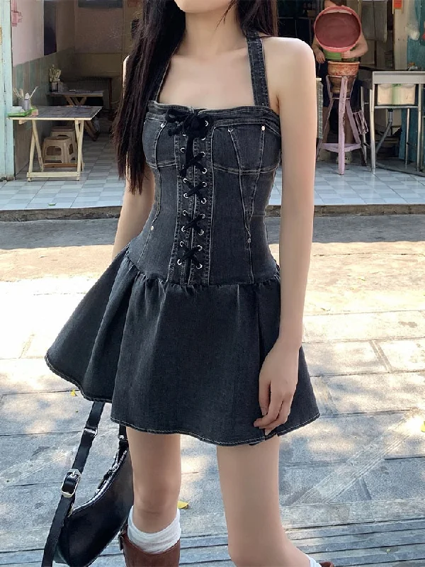 Summer Sexy Sleeveless Slim Denim Dress Woman Vintage Strap Y2k Mini Dress Party One Piece Dress Korean Fashion Design Tunics Brand named