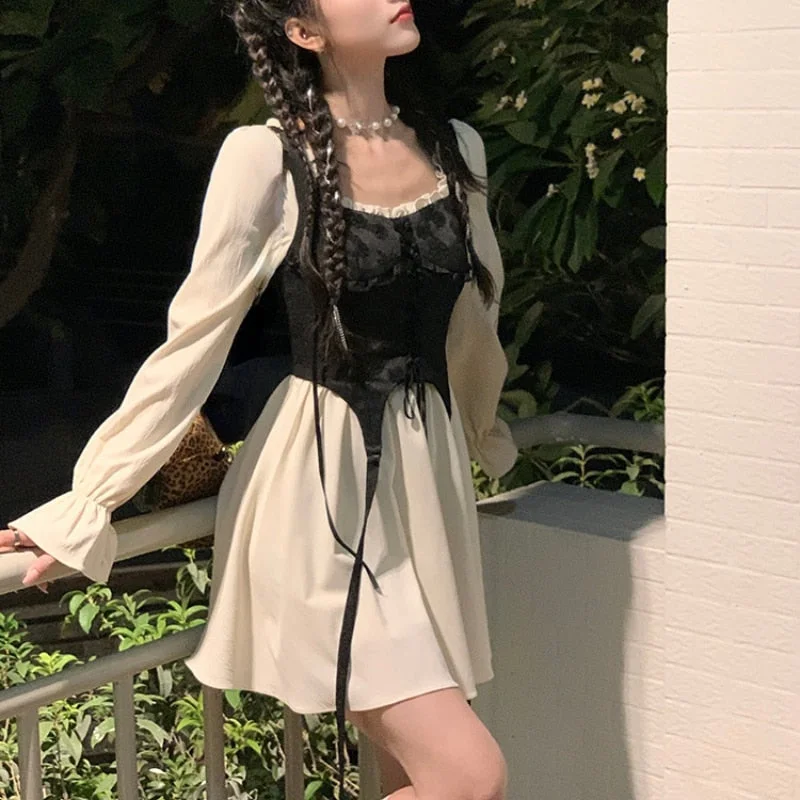 Vintage Lolita Dress Party Women Casual Long Sleeve Elegant Y2k Mini Dress Kawaii Clothing One Piece Dress Korean Spring Tunics Chinos classic