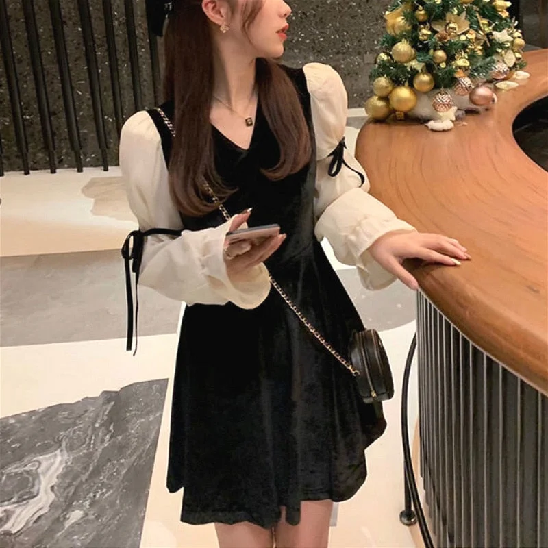 Vintage Mini Dress Lolita Women Autumn Lace Bow Velvet Evening Party Dress Female Y2k Casual Kawaii One Piece Dress Korean Tunics Lace romantic