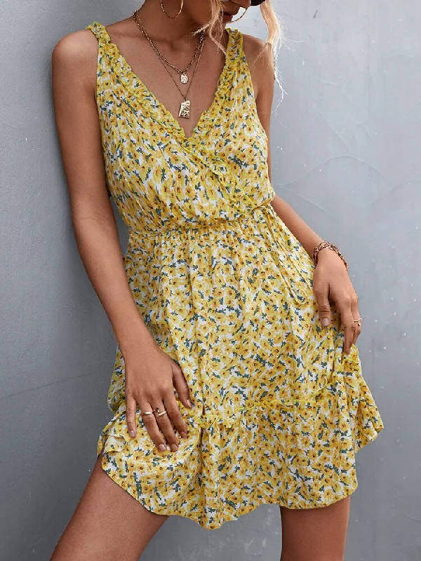 Women Floral Beach Mini Dress Backless Ruffle Chic Short Sundress Summer Boho Dress V Neck Sleevelsss Flowy Camisole Robe Tunics Designer luxury