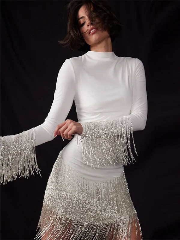 Women Sequins Tassel Bodycon Mini Dress Female Fashion Long Sleeve Cuff Splicing Shinny Tassel Dresses Party Night Clubwear Crew Neckline Sporty