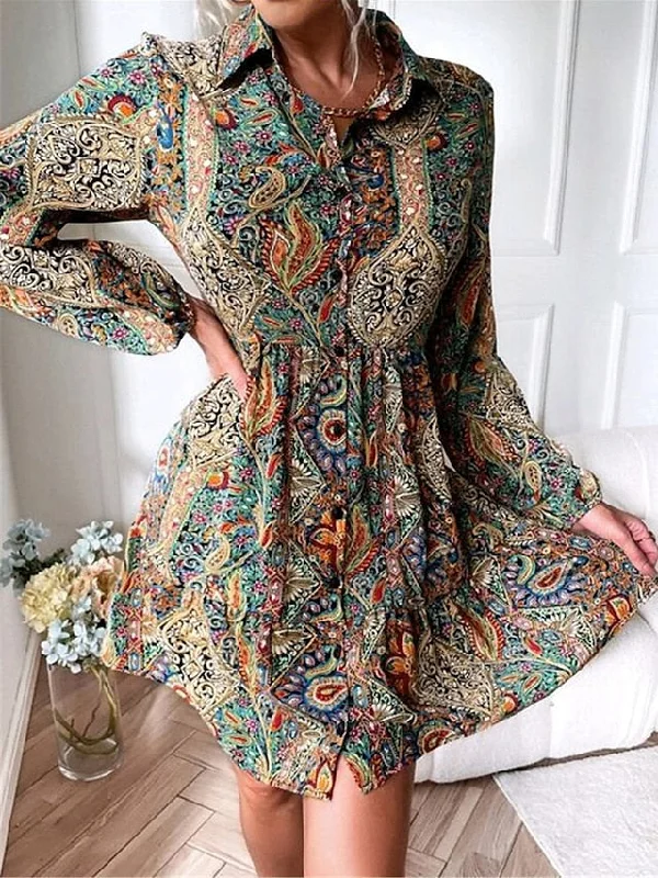 Women's Casual Dress Ethnic Dress A Line Dress Floral Paisley Button Print Shirt Collar Mini Dress Vintage Ethnic Outdoor Date Long Sleeve Loose Fit Blue Spring Fall S M L XL XXL Tunics Exclusive limited