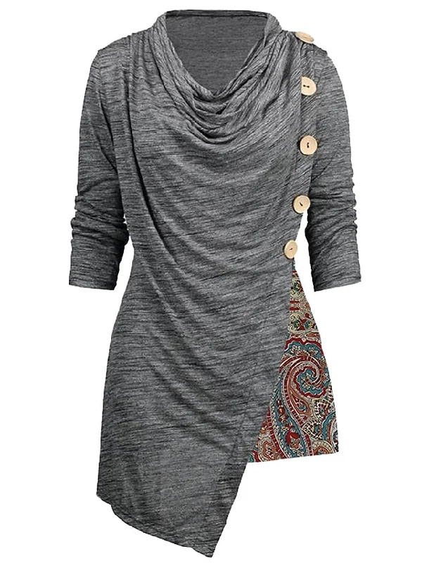 Women's Casual Dress Print Dress Spring Dress Floral Paisley Ruched Patchwork Cowl Neck Mini Dress Vintage Ethnic Outdoor Date Long Sleeve Loose Fit Gray Spring Fall S M L XL XXL Tunics Ceremony elegant