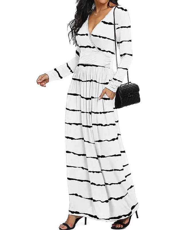 Women's Casual Dress Print Dress Spring Dress Stripe Pocket Print V Neck Mini Dress Fashion Streetwear Outdoor Street Long Sleeve Regular Fit Black White Pink Spring Fall S M L XL XXL Tunics Wedding white