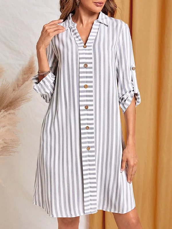 Women's Casual Dress Shift Dress Print Dress Stripe Button Print Shirt Collar Mini Dress Active Fashion Outdoor Street Half Sleeve Loose Fit White Fall Winter S M L XL XXL Tunics Travel practical