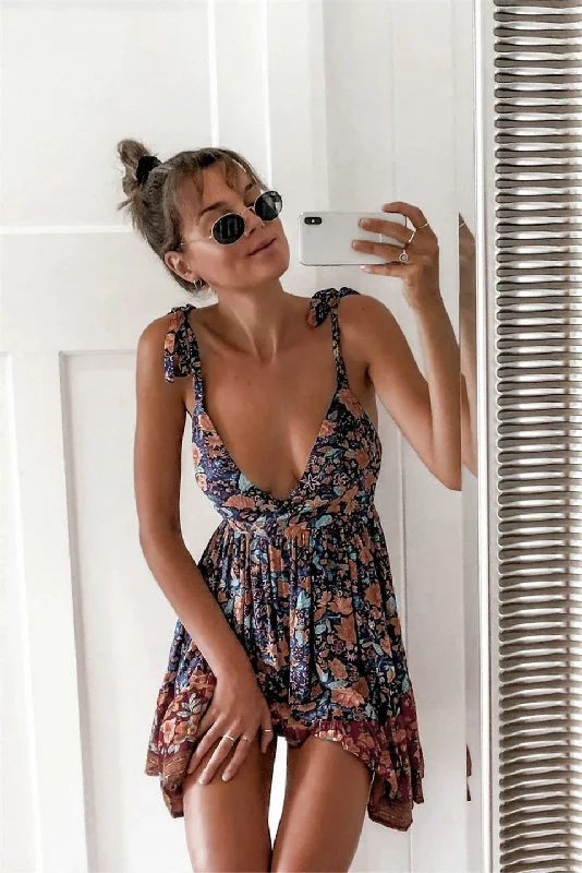 Zjkrl Bohemian Style Women Summer A-Line Dress Bandage Design Sling Sleeveless V-Neck Backless Leopard Flower Print Slim Mini Dress Turtleneck Warm Winter