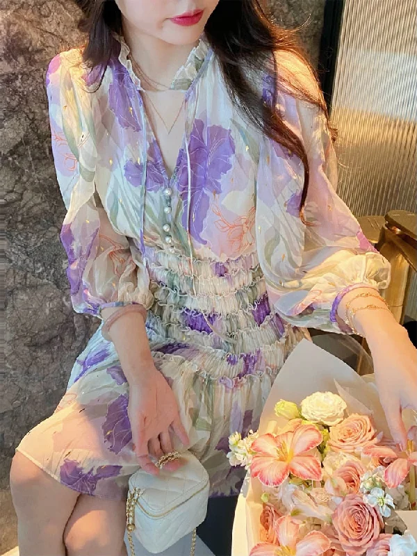 Zjkrl Floral Mini Dress Women Short Sleeve Elegant Korean Dress Party Office Lady Summer Vintage Boho Beach Sundress Female Chic Tunics Cozy comfortable