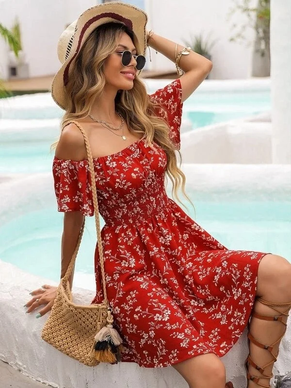 Zjkrl Women Summer Dress Off shoulder Sweet Floral Wrap-Neck Shrimp Waist Swing Dress Mini Dress Summer Beach wear Tunics Practical easy-care