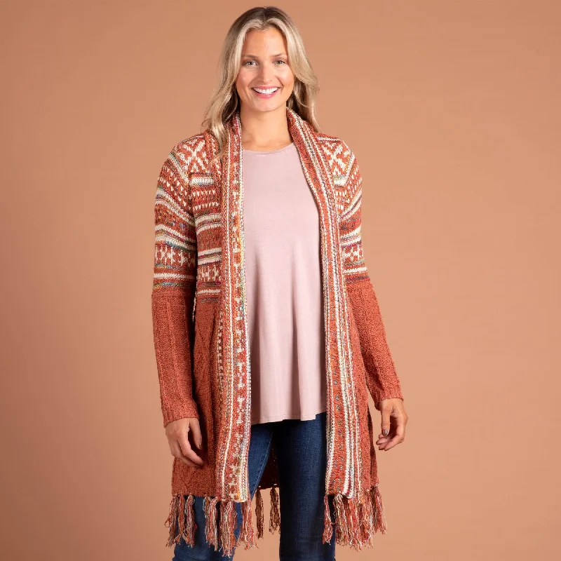 Upper Striped Duster Cardigan with Fringe Solid Print Embellished