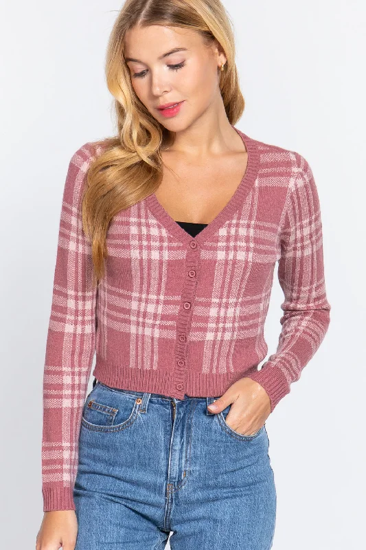 Long Sleeve V-neck Fitted Button Down Plaid Sweater Cardigan Satin Blend Silk Blend Wool Blend