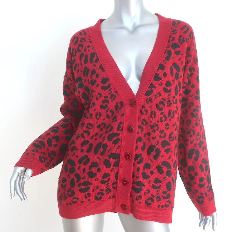 Anine Bing Justine Leopard Print Cardigan Red Cotton-Blend Size Small Hooded Cardigan Collared Cardigan Shawl Collar