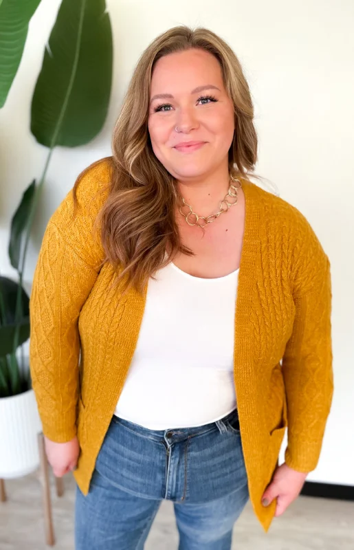 Brianna Mustard Cable Knit Cardigan-Curvy Elegant Classic Vintage