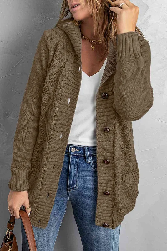 Button Front Hooded Cardigan with Pockets + Spandex Blend Rayon Blend Denim Blend