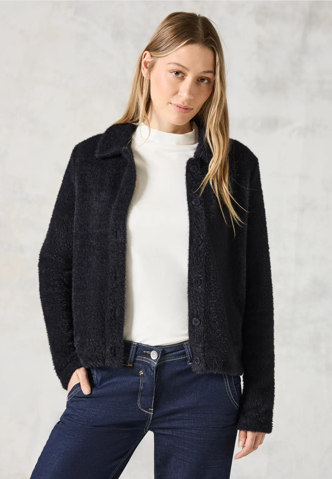 Cecil Feather yarn cardigan with collar. Black or Cream 32269 Cardigan Knitwear Sweater